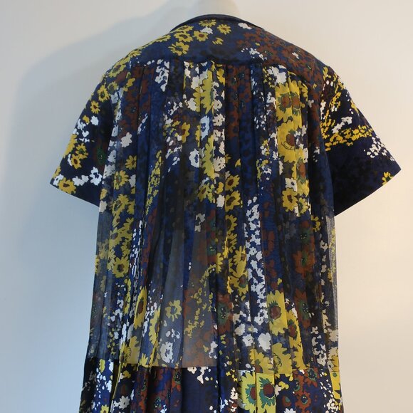 Women Sacai Blue Maoon Floral Corduroy Short Sleeve Pleated Top Blouse L - Picture 8 of 10